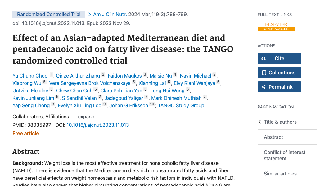 Title and abstract of Effect of an Asian-adapted Mediterranean diet and pentadecanoic acid on fatty liver disease: the TANGO randomized controlled trial