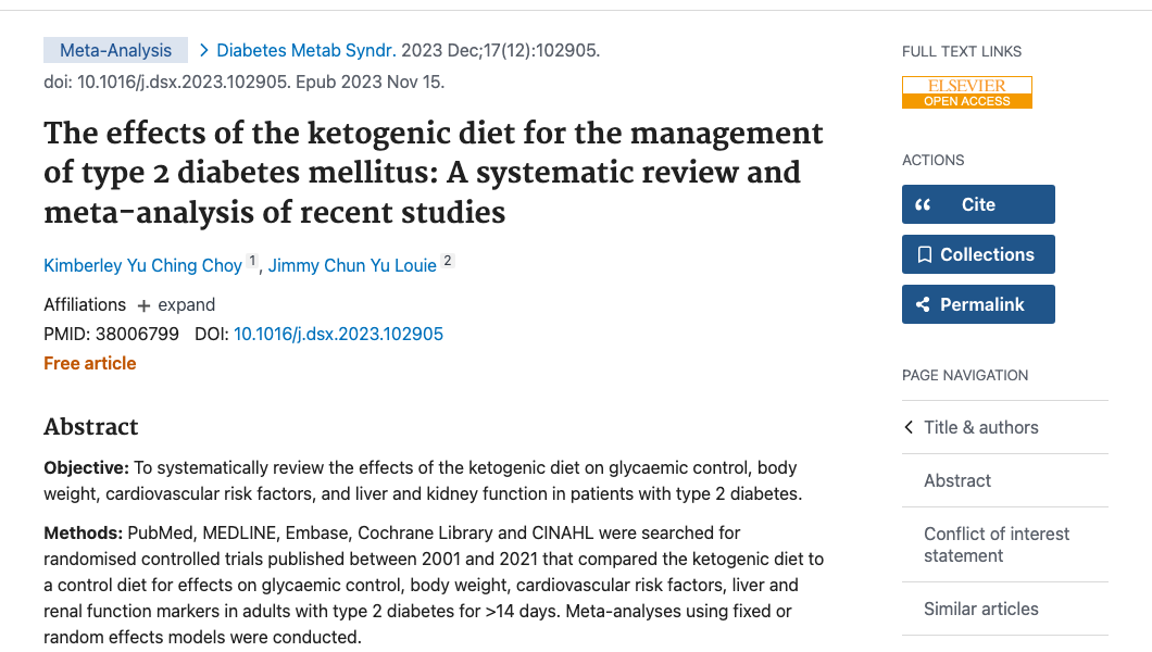 Title and abstract of The effects of the ketogenic diet for the management of type 2 diabetes mellitus: A systematic review and meta-analysis of recent studies.