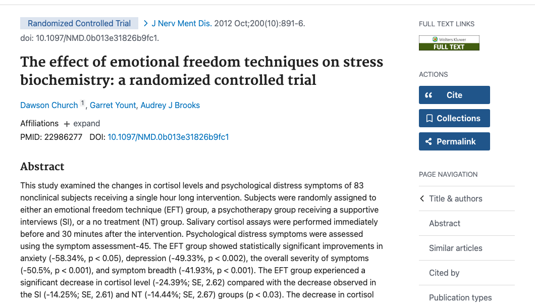 Title and abstract of The Effect of Emotional Freedom Techniques on Stress Biochemistry: A Randomized Controlled Trial