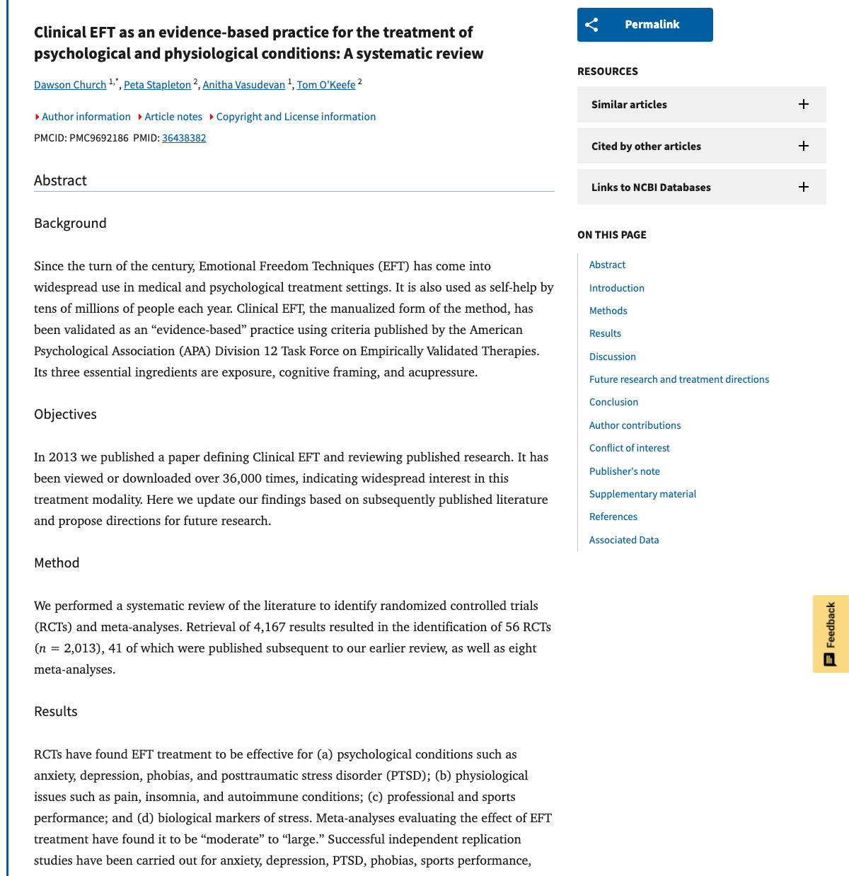Title and abstract of Clinical EFT as an evidence-based practice for the treatment of psychological and physiological conditions: A systematic review.