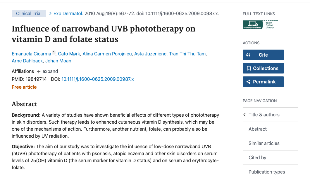 Title and abstract of Influence of narrowband UVB phototherapy on vitamin D and folate status