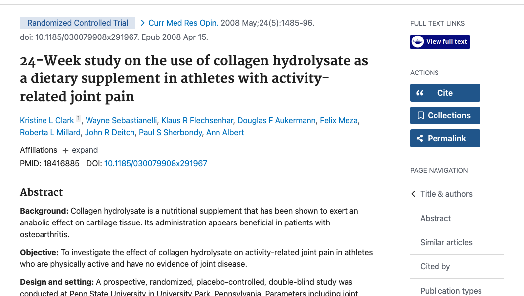 Title and abstract of 24-Week study on the use of collagen hydrolysate as a dietary supplement in athletes with activity-related joint pain