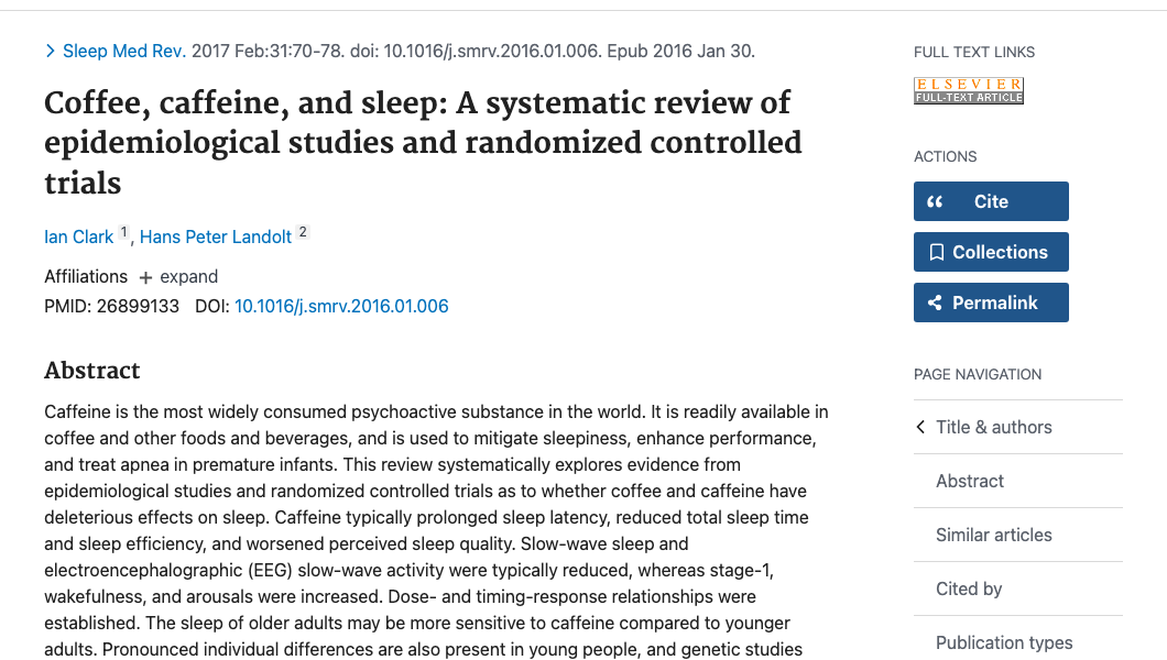 Title and abstract of Coffee, caffeine, and sleep: A systematic review of epidemiological studies and randomized controlled trials
