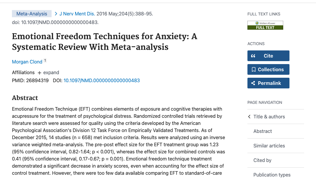 Title and abstract of Emotional Freedom Techniques for Anxiety: A Systematic Review With Meta-analysis