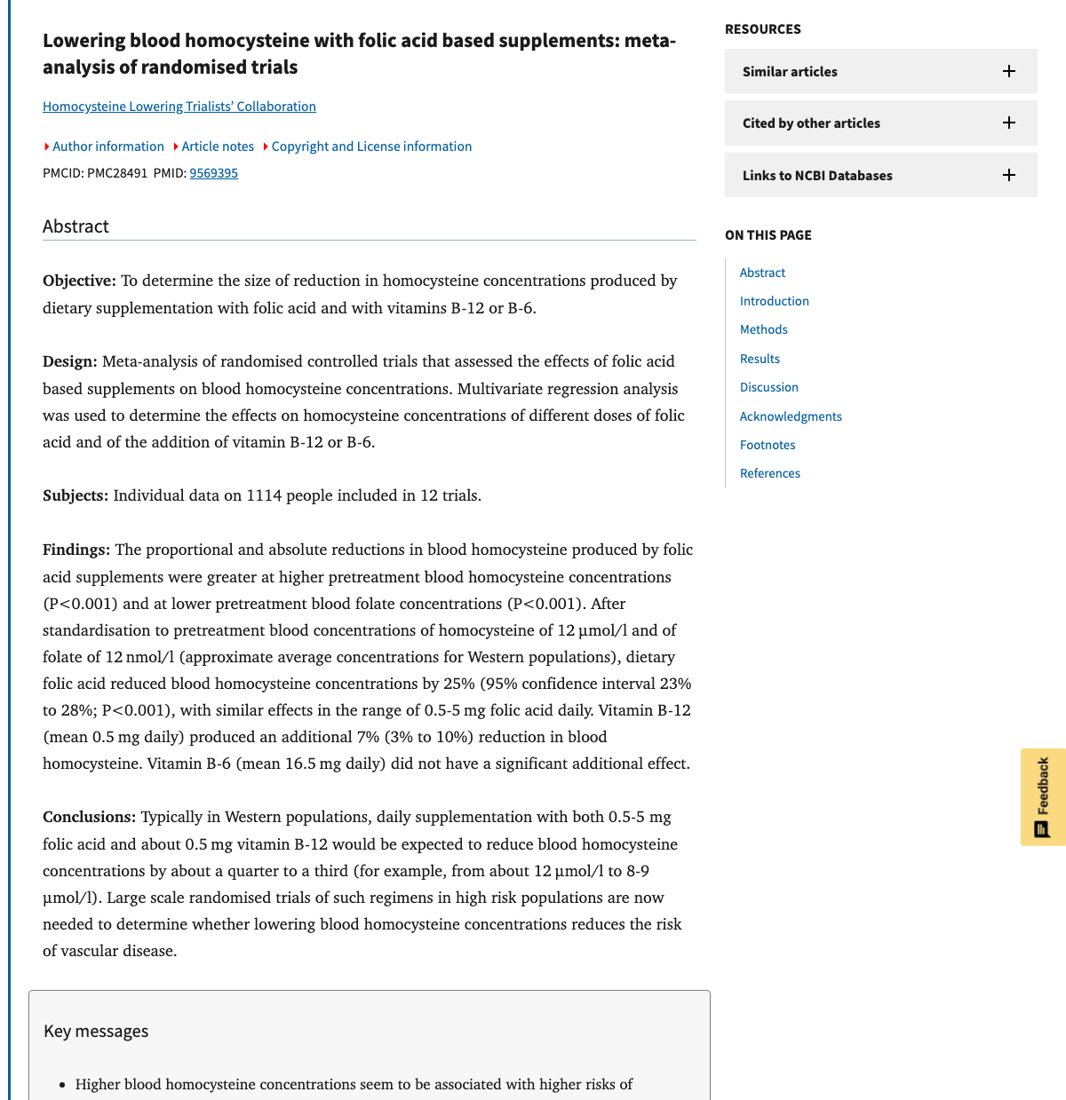 Title and abstract of Lowering blood homocysteine with folic acid based supplements: meta-analysis of randomised trials. Homocysteine Lowering Trialists' Collaboration.
