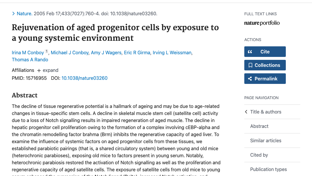 Title and abstract of Rejuvenation of aged progenitor cells by exposure to a young systemic environment