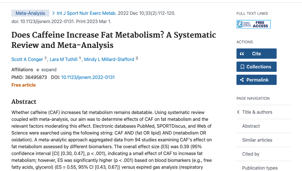 Title and abstract of Does Caffeine Increase Fat Metabolism? A Systematic Review and Meta-Analysis.