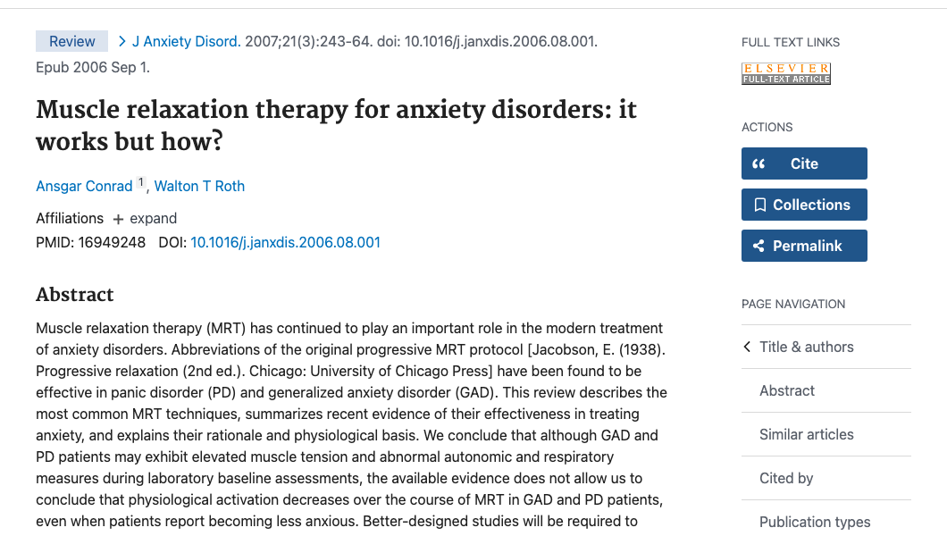 Title and abstract of Muscle relaxation therapy for anxiety disorders: It works but how?