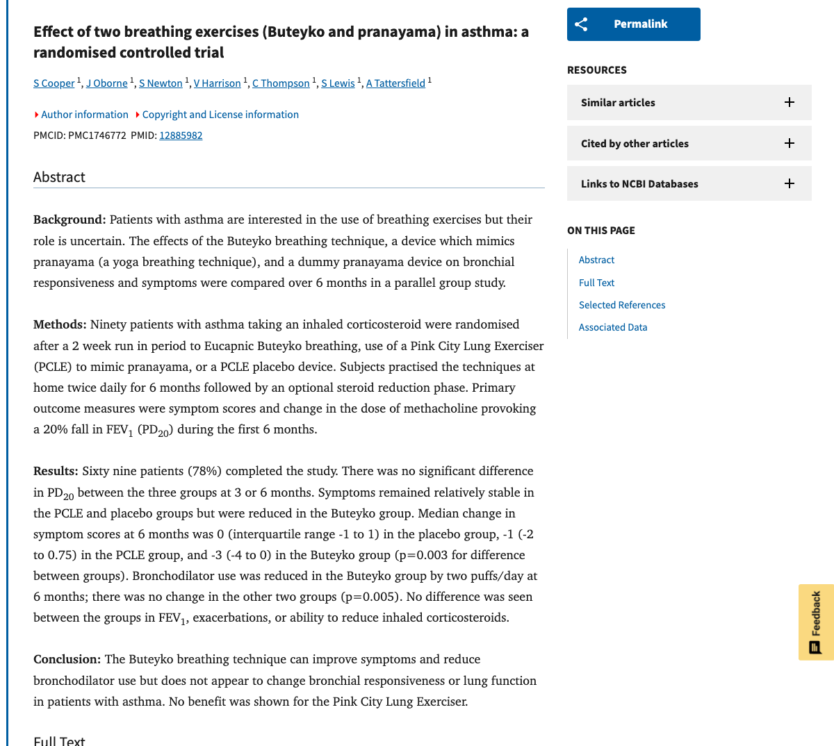 Title and abstract of Effect of two breathing exercises (Buteyko and pranayama) in asthma: a randomised controlled trial