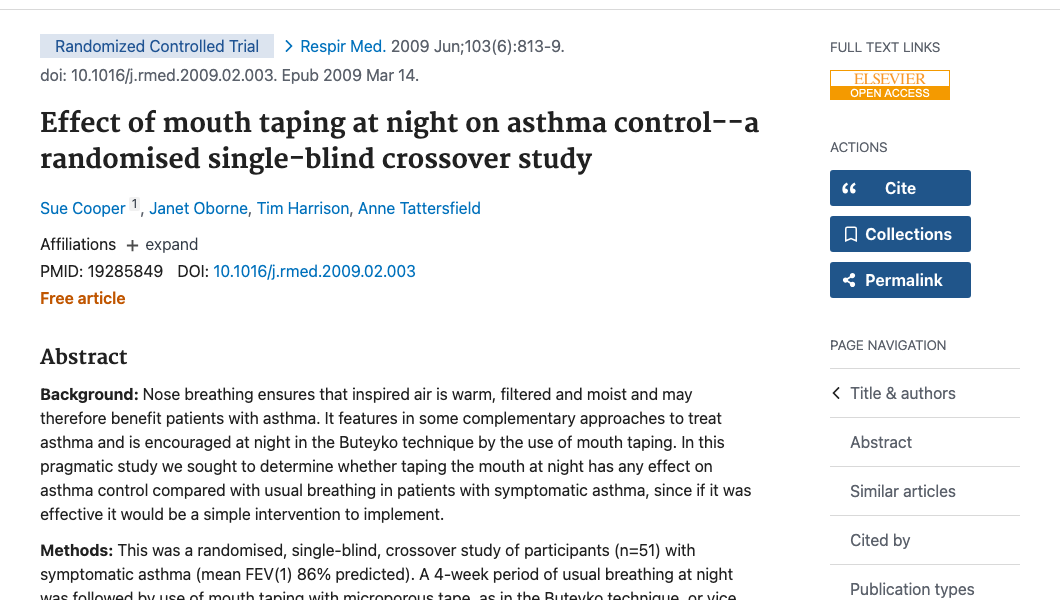 Title and abstract of Effect of mouth taping at night on asthma control--a randomised single-blind crossover study.