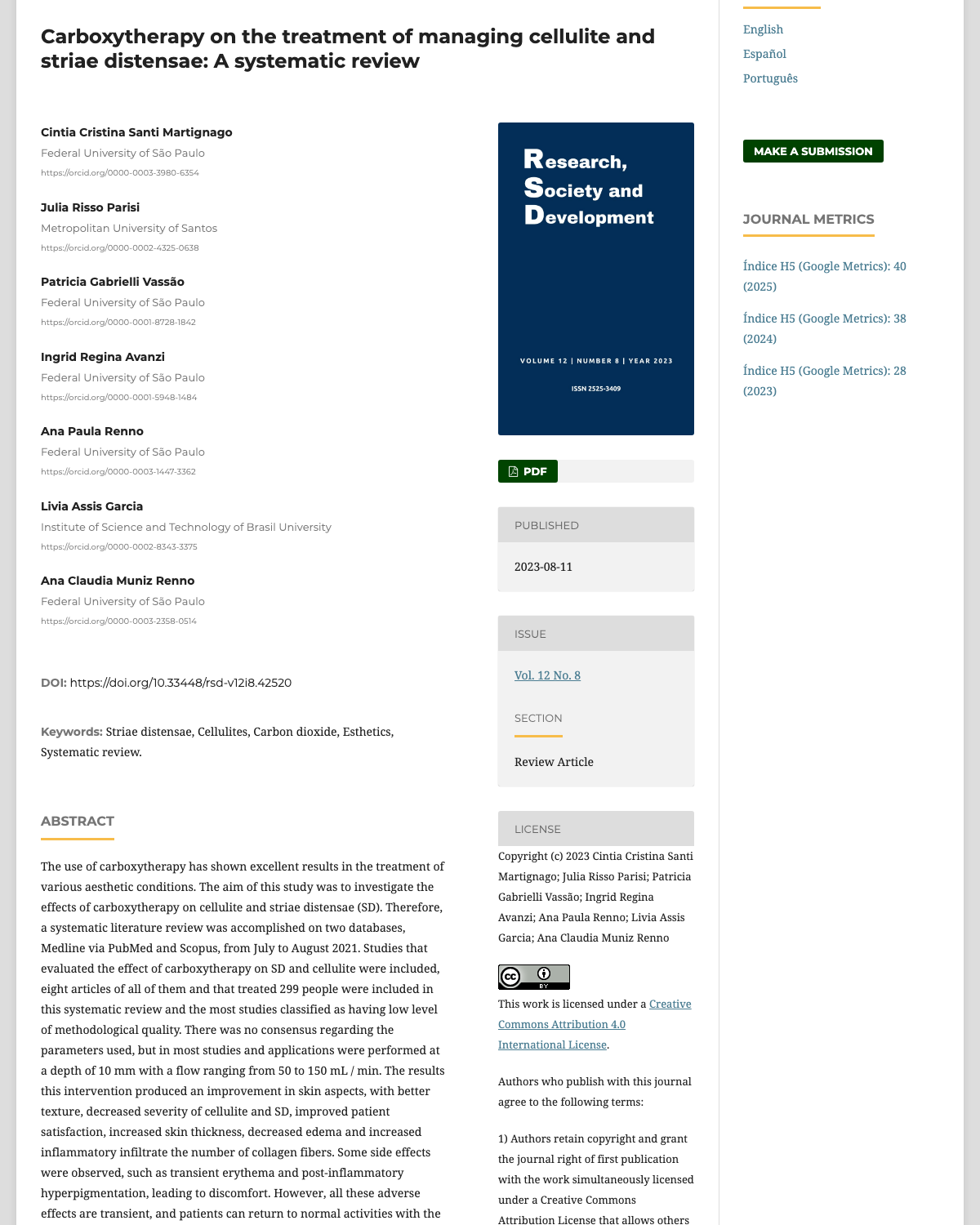 Title and abstract of Carboxytherapy on the treatment of managing cellulite and striae distensae: A systematic review