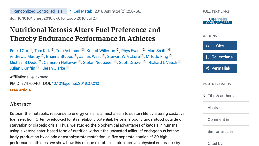 Title and abstract of Nutritional ketosis alters fuel preference and thereby endurance performance in athletes