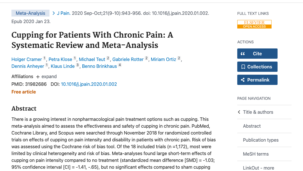 Title and abstract of Cupping for Patients With Chronic Pain: A Systematic Review and Meta-Analysis.