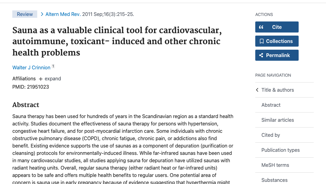 Title and abstract of Sauna as a valuable clinical tool for cardiovascular, autoimmune, toxicant- induced and other chronic health problems.