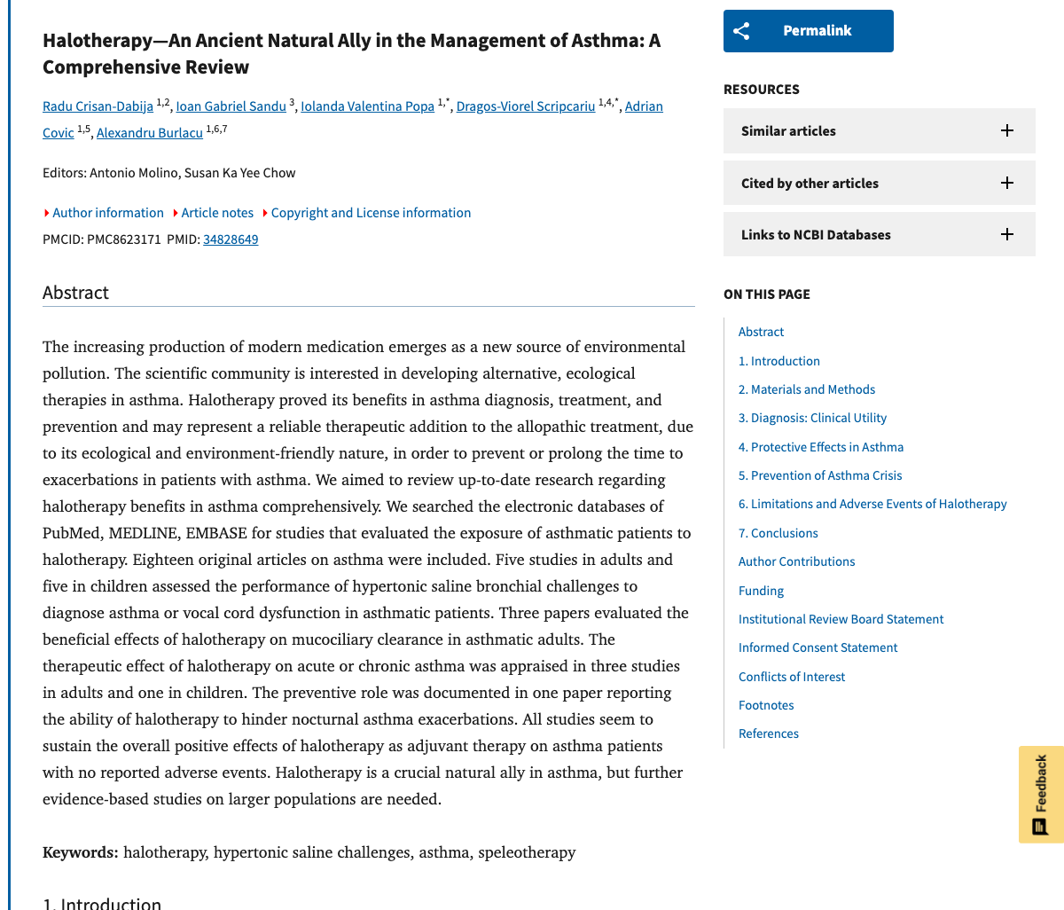 Title and abstract of Halotherapy-An Ancient Natural Ally in the Management of Asthma: A Comprehensive Review.