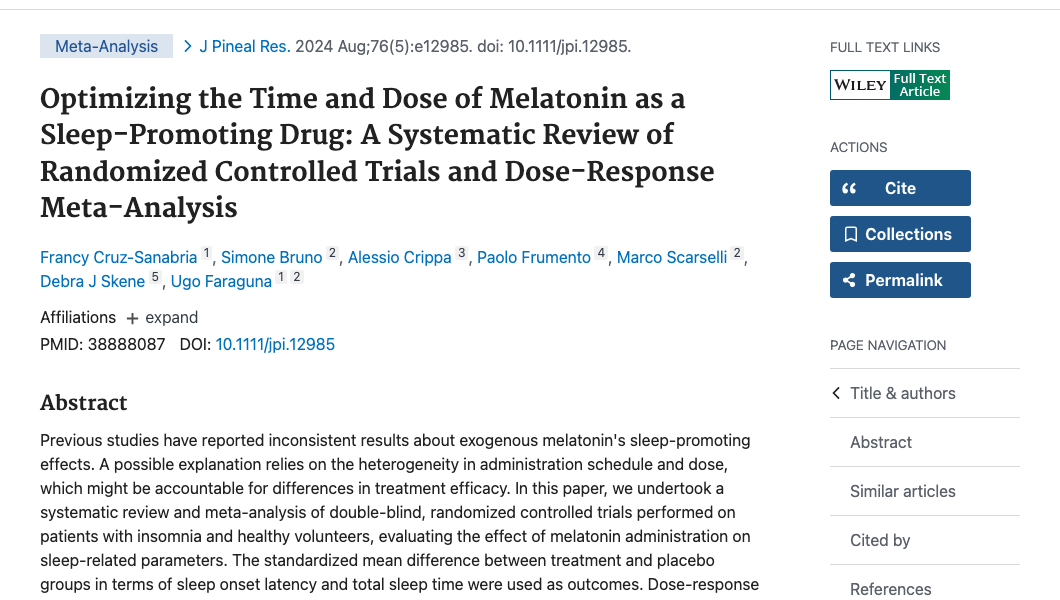 Title and abstract of Optimizing the Time and Dose of Melatonin as a Sleep-Promoting Drug: A Systematic Review of Randomized Controlled Trials and Dose-Response Meta-Analysis.