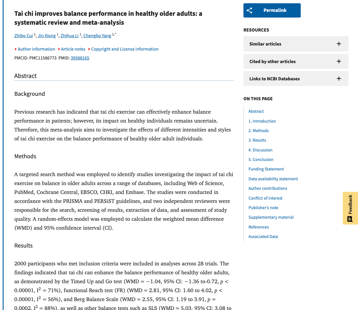 Title and abstract of Tai chi improves balance performance in healthy older adults: a systematic review and meta-analysis.