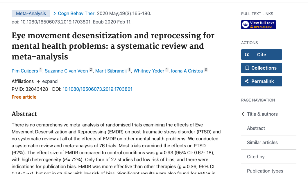 Title and abstract of Eye movement desensitization and reprocessing for mental health problems: a systematic review and meta-analysis.