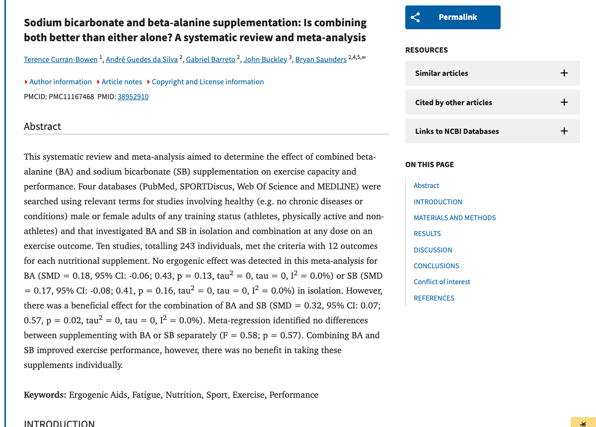 Title and abstract of Sodium bicarbonate and beta-alanine supplementation: Is combining both better than either alone? A systematic review and meta-analysis.