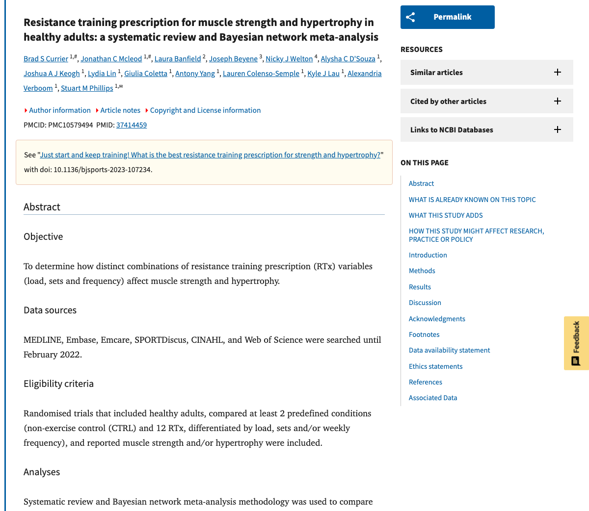 Title and abstract of Resistance training prescription for muscle strength and hypertrophy in healthy adults: a systematic review and Bayesian network meta-analysis.