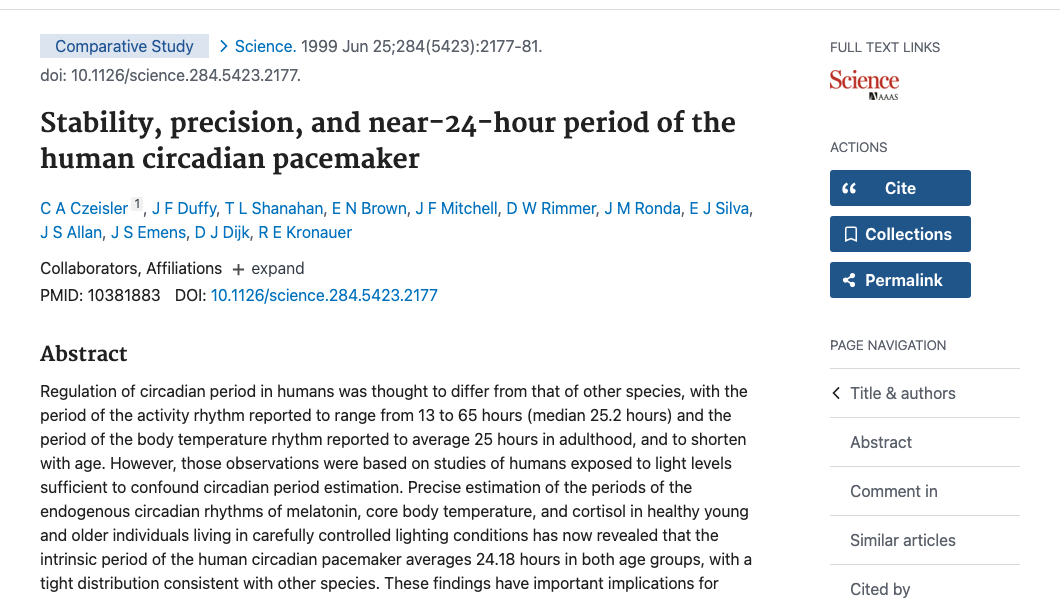 Title and abstract of Stability, Precision, and Near-24-Hour Period of the Human Circadian Pacemaker