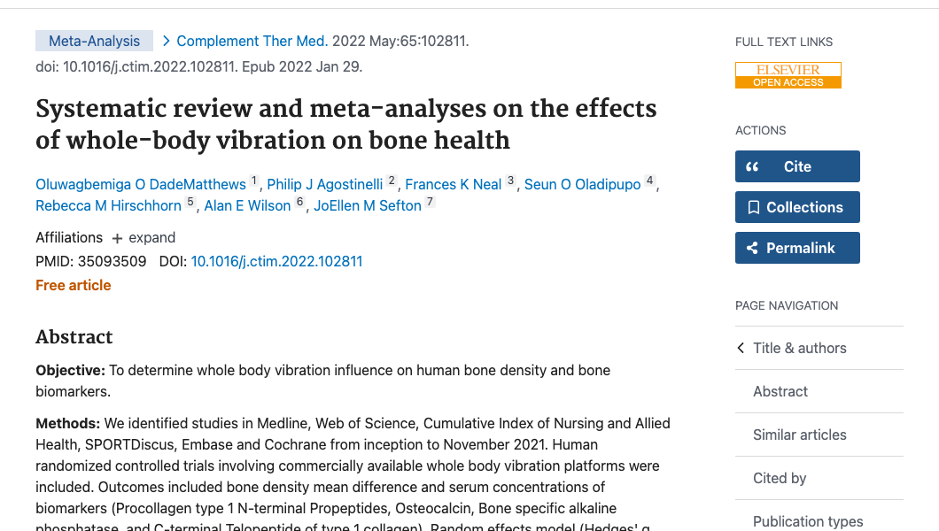 Title and abstract of Systematic review and meta-analyses on the effects of whole-body vibration on bone health.
