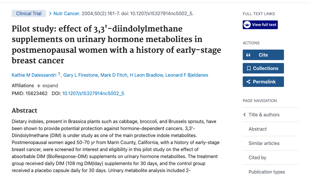 Title and abstract of Pilot study: effect of 3,3'-diindolylmethane supplements on urinary hormone metabolites in postmenopausal women with a history of early-stage breast cancer