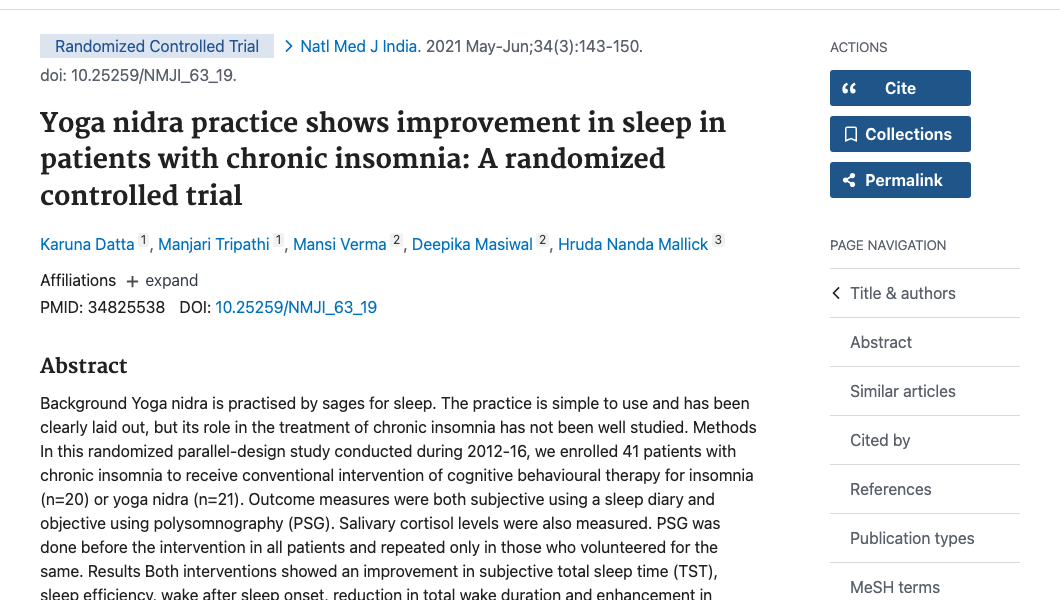 Title and abstract of Yoga nidra practice shows improvement in sleep in patients with chronic insomnia: A randomized controlled trial