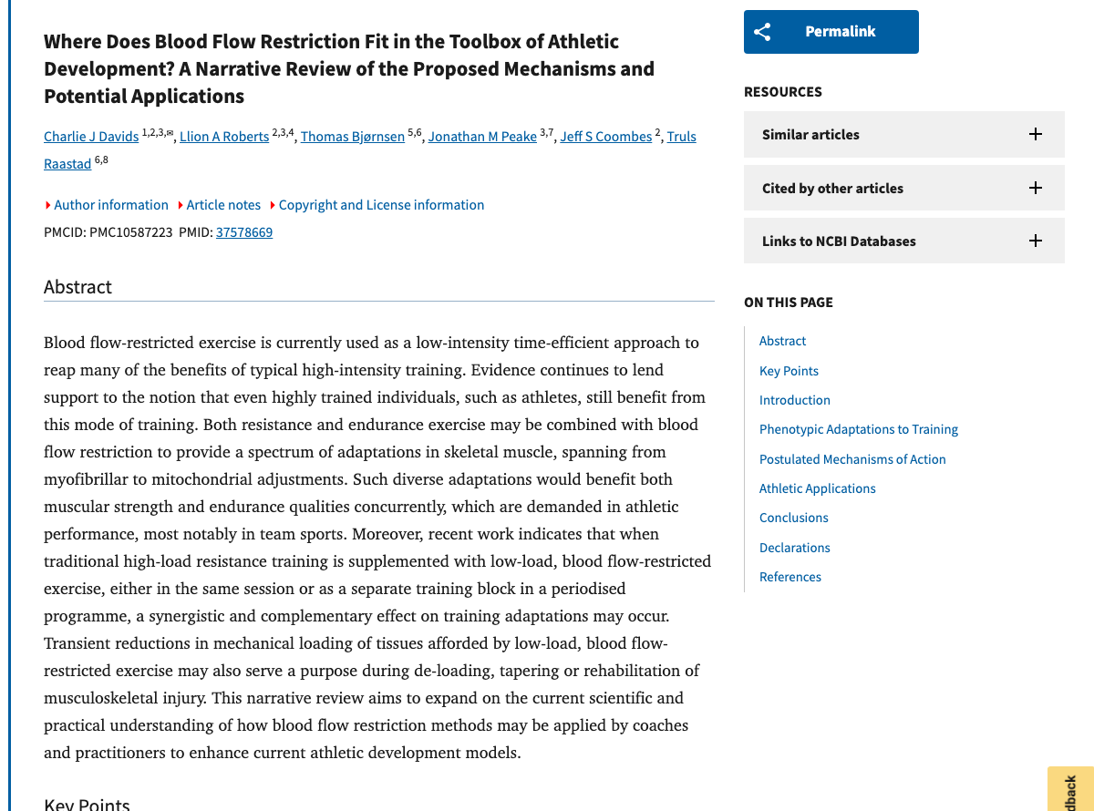 Title and abstract of Where Does Blood Flow Restriction Fit in the Toolbox of Athletic Development? A Narrative Review of the Proposed Mechanisms and Potential Applications.