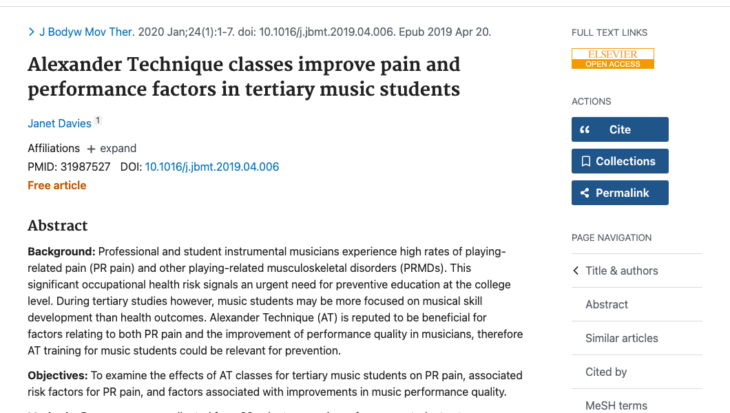 Title and abstract of Alexander Technique classes improve pain and performance factors in tertiary music students.