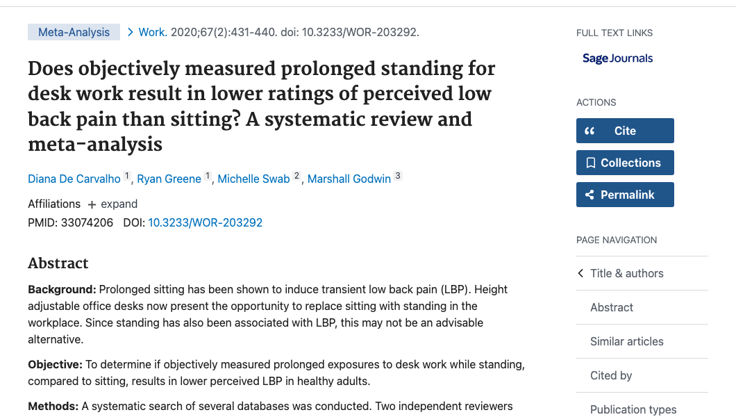 Title and abstract of Does objectively measured prolonged standing for desk work result in lower ratings of perceived low back pain than sitting? A systematic review and meta-analysis.