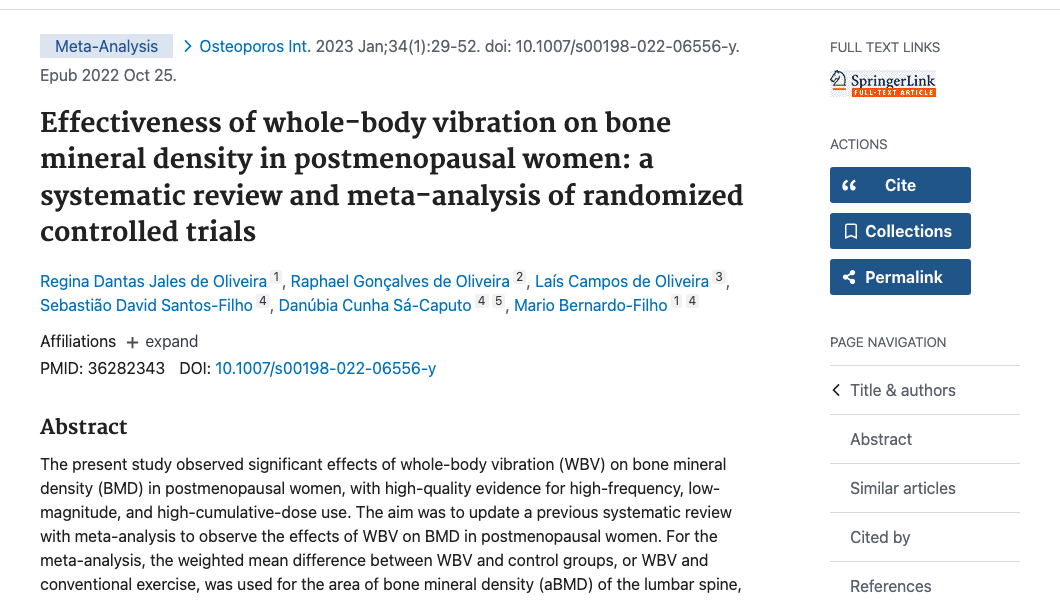 Title and abstract of Effectiveness of whole-body vibration on bone mineral density in postmenopausal women: a systematic review and meta-analysis of randomized controlled trials.
