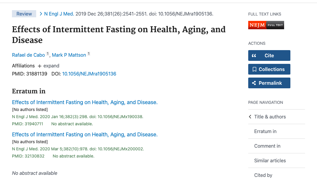 Title and abstract of Effects of Intermittent Fasting on Health, Aging, and Disease