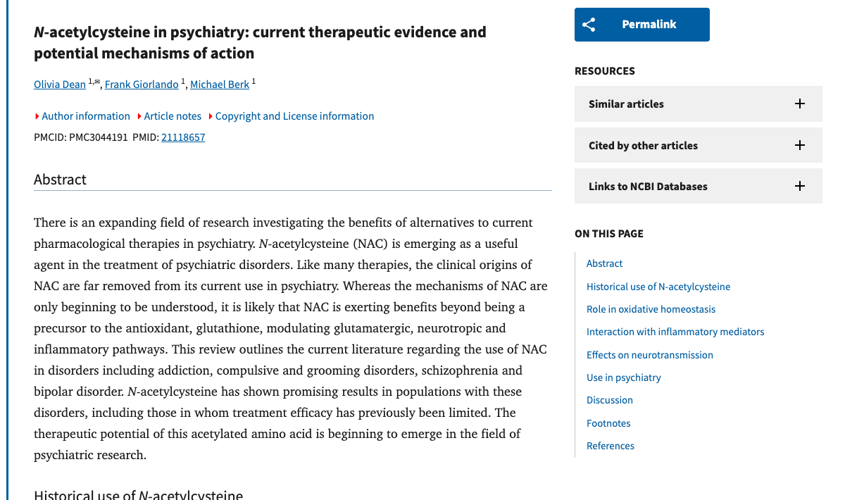 Title and abstract of N-acetyl cysteine in psychiatry: current therapeutic evidence and potential mechanisms of action