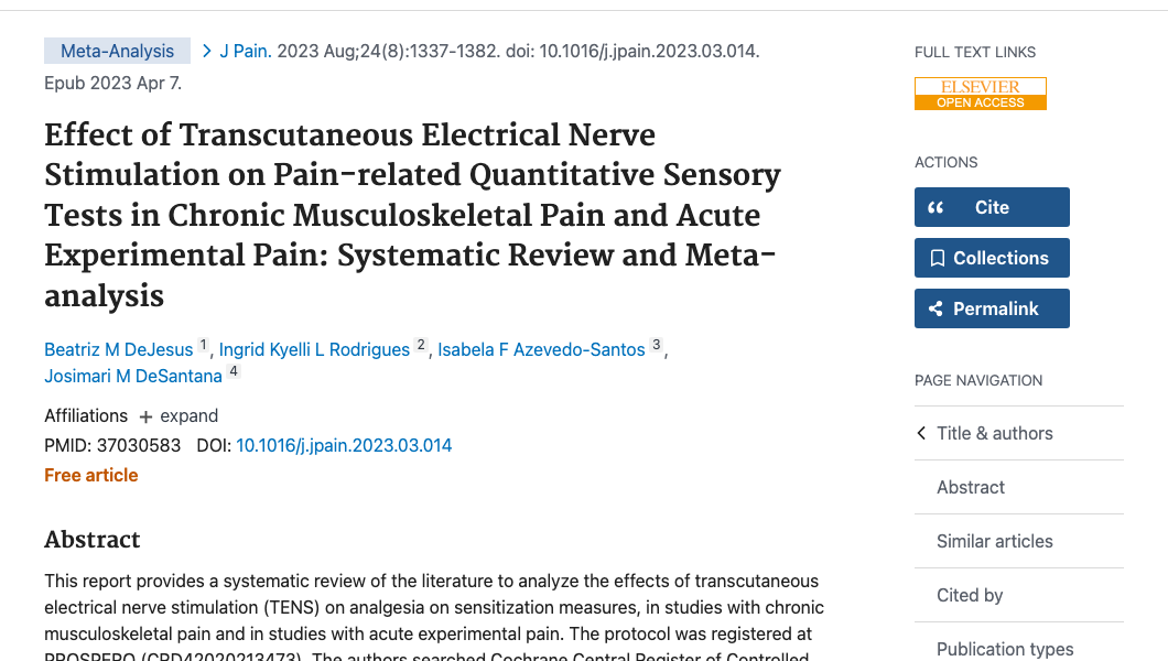 Title and abstract of Effect of Transcutaneous Electrical Nerve Stimulation on Pain-related Quantitative Sensory Tests in Chronic Musculoskeletal Pain and Acute Experimental Pain: Systematic Review and Meta-analysis.