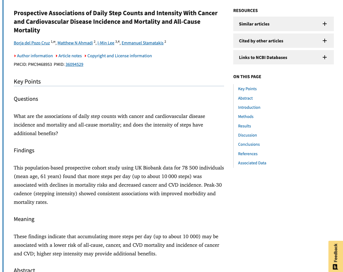 Title and abstract of Prospective Associations of Daily Step Counts and Intensity With Cancer and Cardiovascular Disease Incidence and Mortality and All-Cause Mortality.