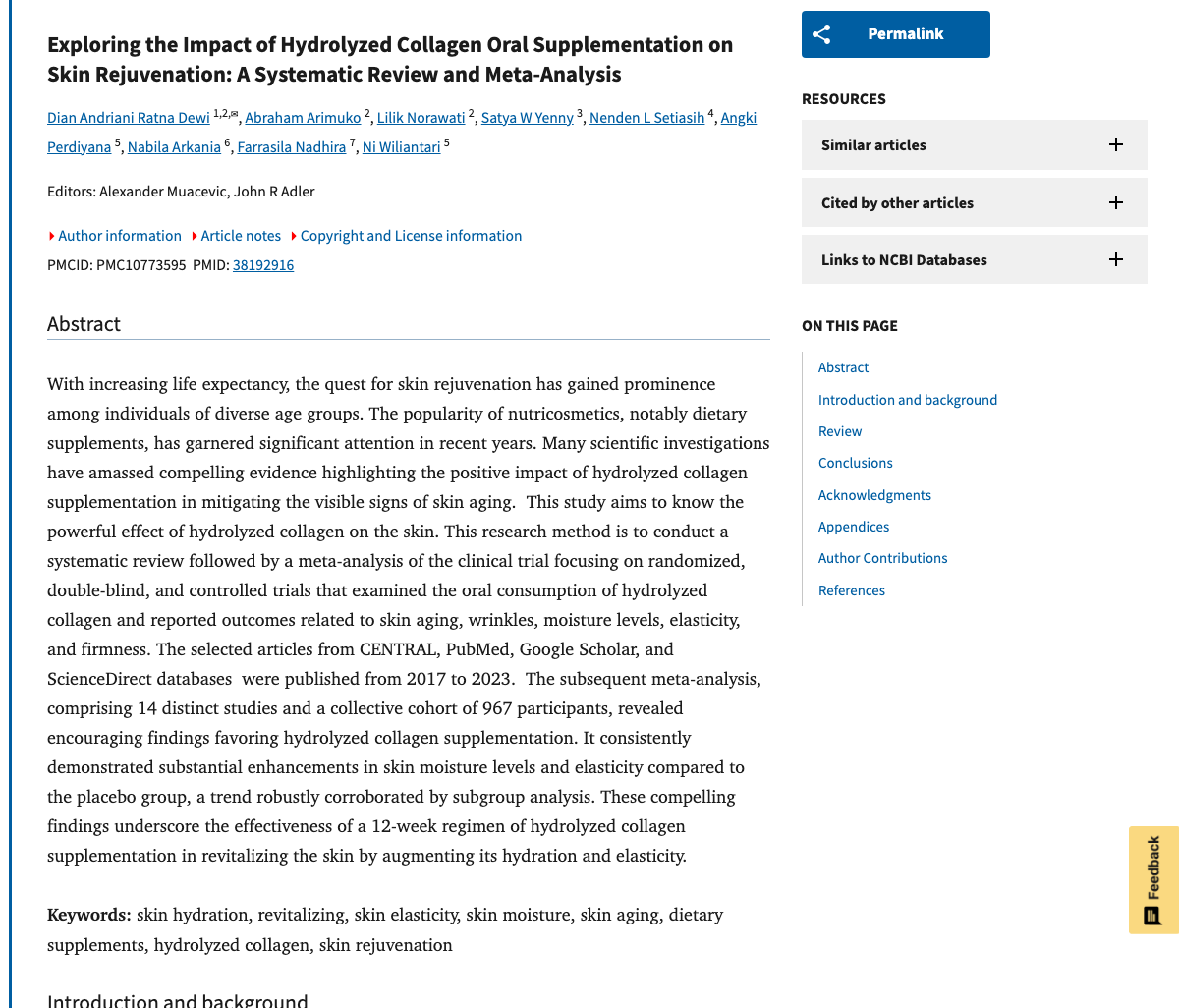 Title and abstract of Exploring the Impact of Hydrolyzed Collagen Oral Supplementation on Skin Rejuvenation: A Systematic Review and Meta-Analysis.