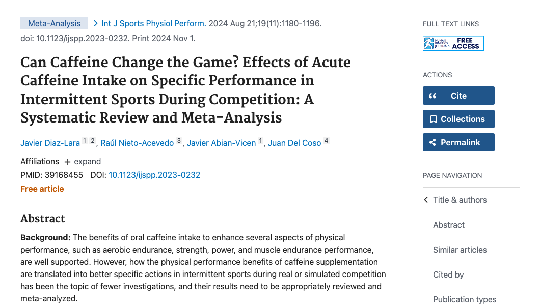 Title and abstract of Can Caffeine Change the Game? Effects of Acute Caffeine Intake on Specific Performance in Intermittent Sports During Competition: A Systematic Review and Meta-Analysis.