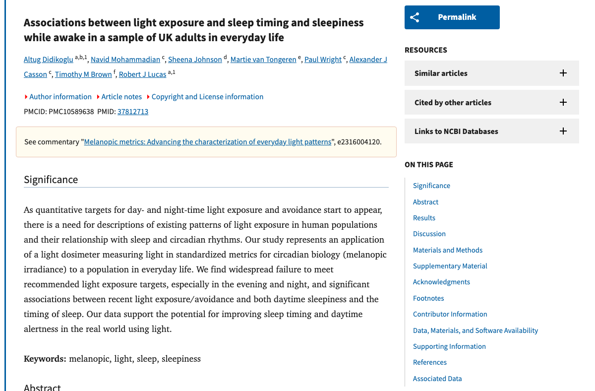 Title and abstract of Associations between light exposure and sleep timing and sleepiness while awake in a sample of UK adults in everyday life.