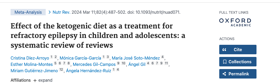 Title and abstract of Effect of the ketogenic diet as a treatment for refractory epilepsy in children and adolescents: a systematic review of reviews.