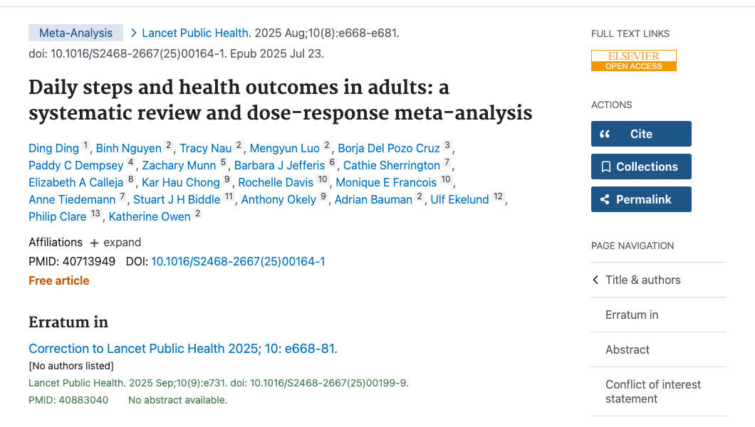 Title and abstract of Daily steps and health outcomes in adults: a systematic review and dose-response meta-analysis.