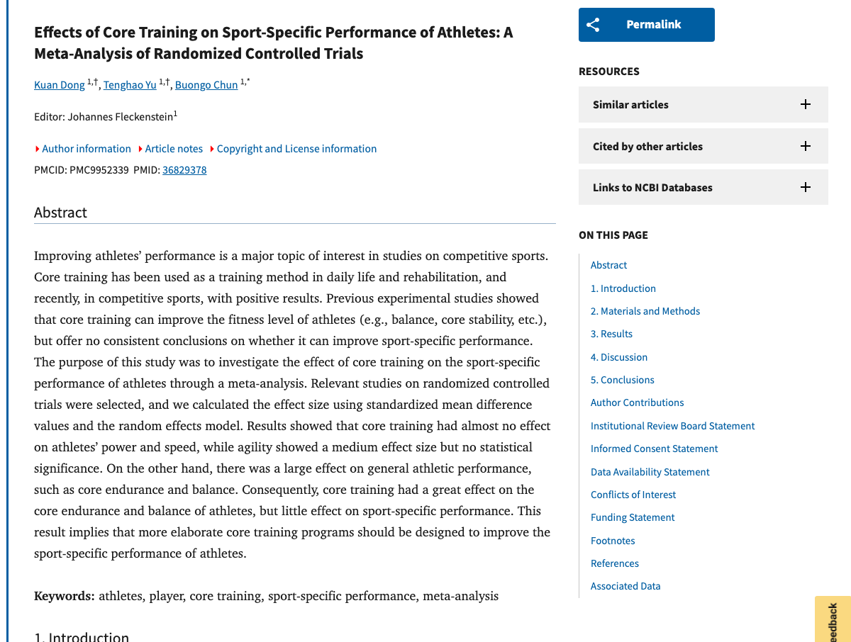 Title and abstract of Effects of Core Training on Sport-Specific Performance of Athletes: A Meta-Analysis of Randomized Controlled Trials.