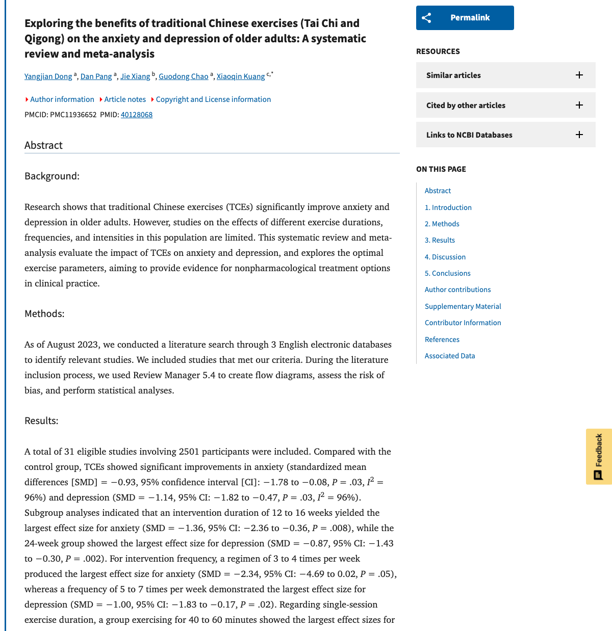 Title and abstract of Exploring the benefits of traditional Chinese exercises (Tai Chi and Qigong) on the anxiety and depression of older adults: A systematic review and meta-analysis.