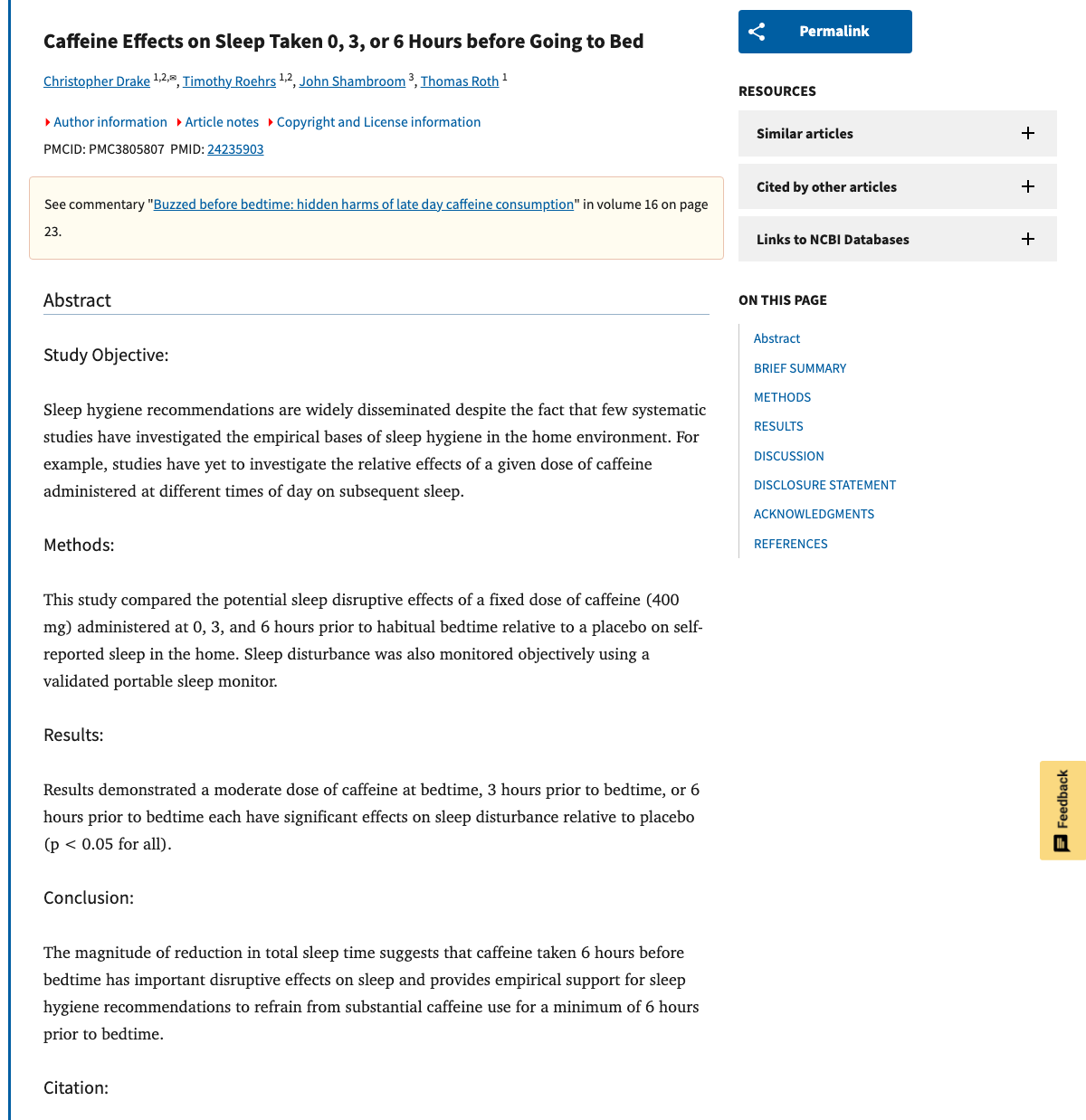Title and abstract of Caffeine effects on sleep taken 0, 3, or 6 hours before going to bed
