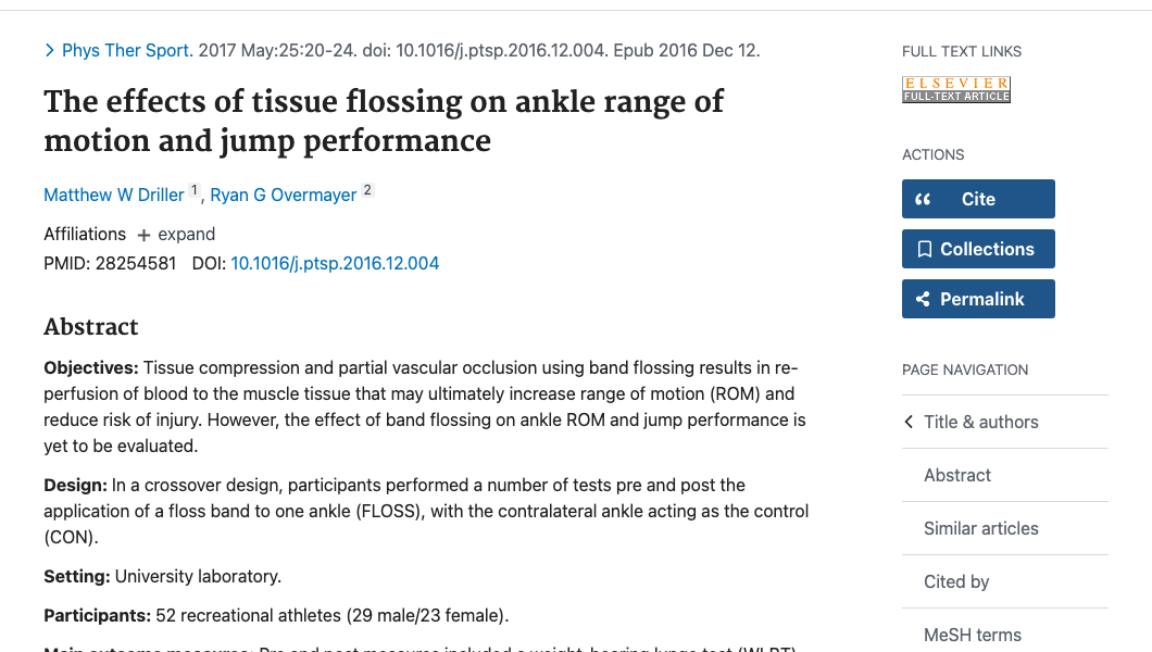 Title and abstract of The Effects of Tissue Flossing on Ankle Range of Motion and Jump Performance
