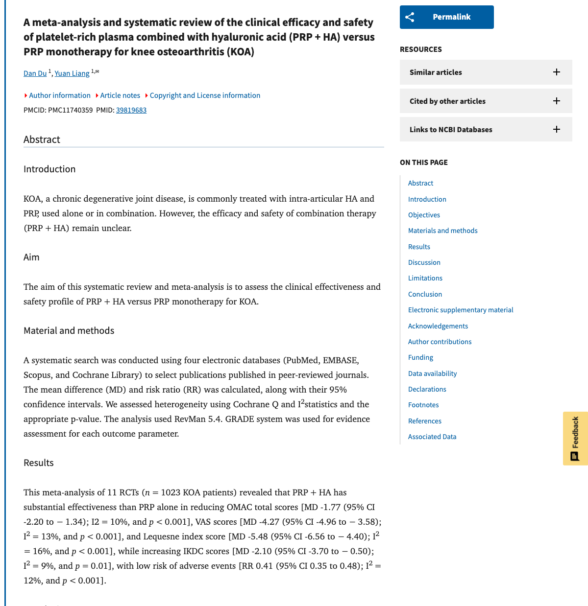 Title and abstract of A meta-analysis and systematic review of the clinical efficacy and safety of platelet-rich plasma combined with hyaluronic acid (PRP + HA) versus PRP monotherapy for knee osteoarthritis (KOA).