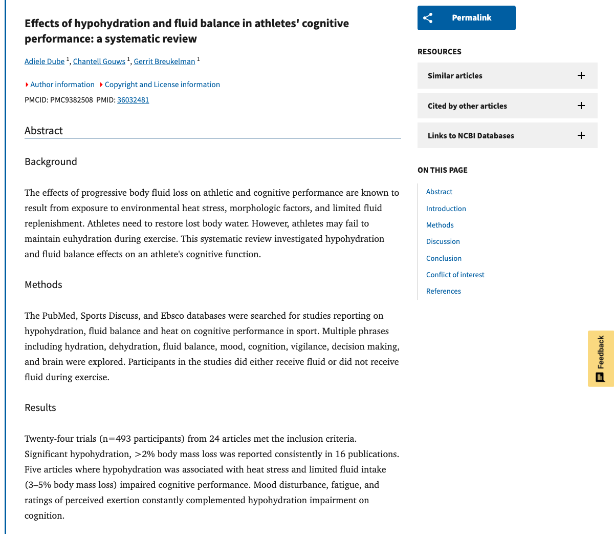 Title and abstract of Effects of hypohydration and fluid balance in athletes' cognitive performance: a systematic review.