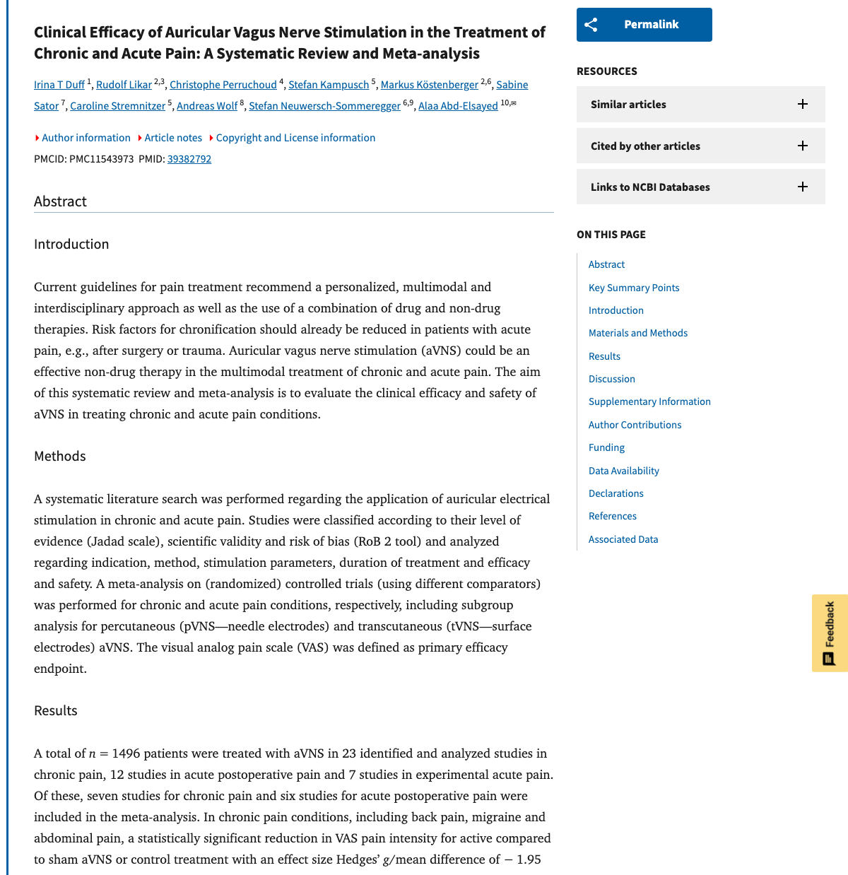 Title and abstract of Clinical Efficacy of Auricular Vagus Nerve Stimulation in the Treatment of Chronic and Acute Pain: A Systematic Review and Meta-analysis.