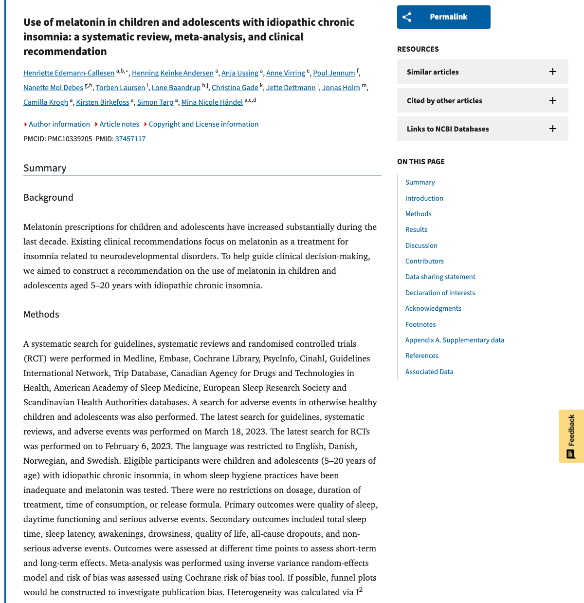 Title and abstract of Use of melatonin in children and adolescents with idiopathic chronic insomnia: a systematic review, meta-analysis, and clinical recommendation.