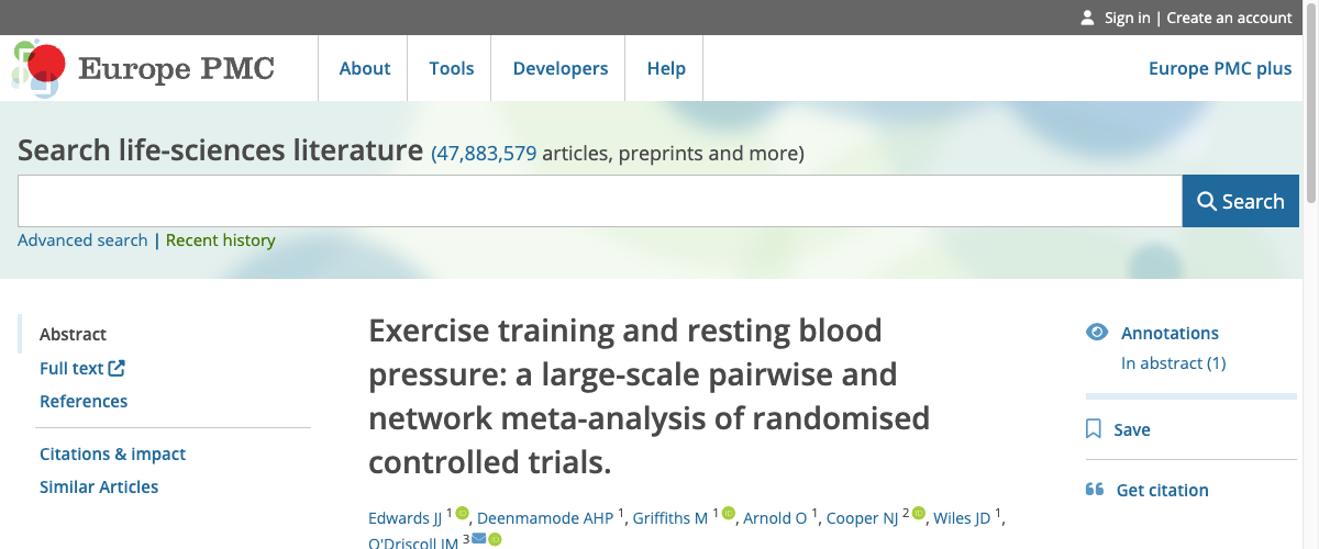 Title and abstract of Exercise training and resting blood pressure: a large-scale pairwise and network meta-analysis of randomised controlled trials.